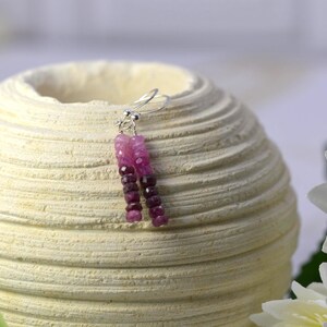 May include: A pair of drop earrings featuring small, faceted, cylindrical beads in varying shades of pink and deep magenta. The beads are strung on thin silver-toned wire with standard hook-style ear wires for attachment to the earlobe.