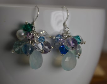 Aqua Chalcedony, green Onyx onion briolette, Fluorite, Czech glass, Swarovski crystal & freshwater pearls Sterling silver earrings.