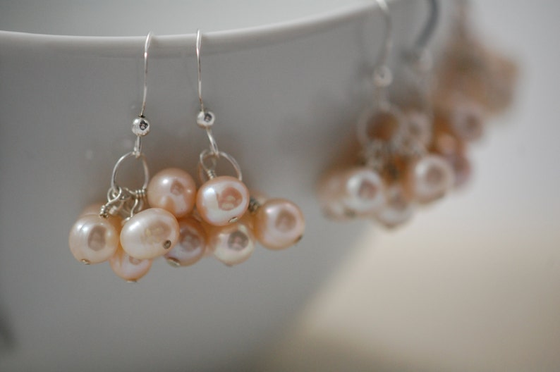 Light pink Freshwater Pearl cluster earrings. Handmade, wire wrapped, Sterling silver earrings, bridal jewelry, wedding, bridesmaid jewelry image 3