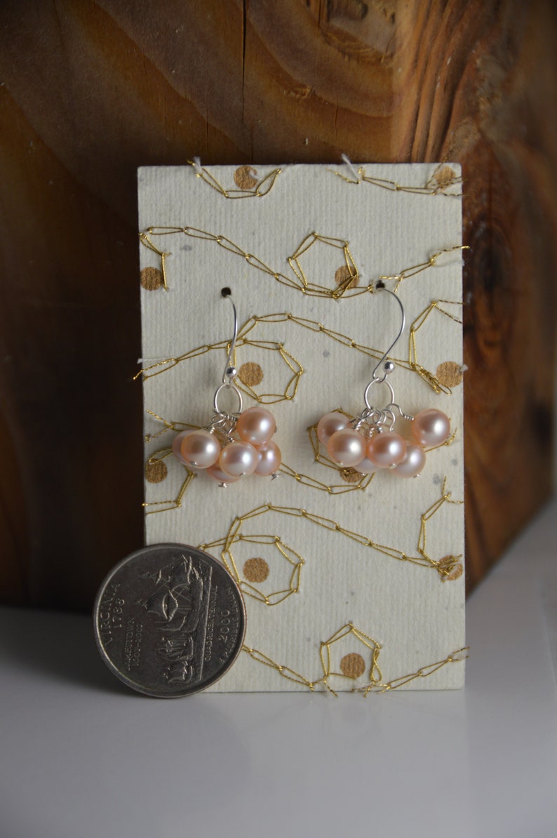 Light pink Freshwater Pearl cluster earrings. Handmade, wire wrapped, Sterling silver earrings, bridal jewelry, wedding, bridesmaid jewelry image 6