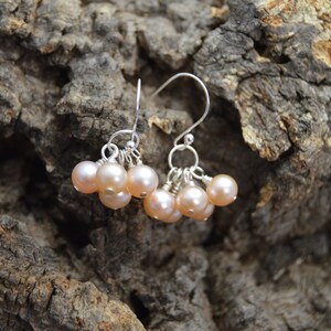 Light pink Freshwater Pearl cluster earrings. Handmade, wire wrapped, Sterling silver earrings, bridal jewelry, wedding, bridesmaid jewelry image 9