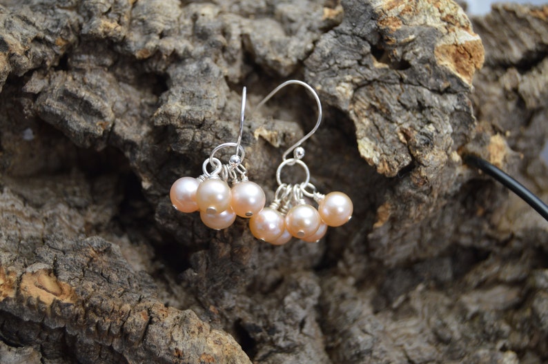 Light pink Freshwater Pearl cluster earrings. Handmade, wire wrapped, Sterling silver earrings, bridal jewelry, wedding, bridesmaid jewelry image 9