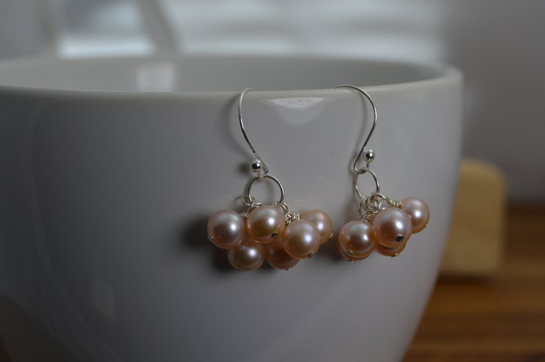 Light pink Freshwater Pearl cluster earrings. Handmade, wire wrapped, Sterling silver earrings, bridal jewelry, wedding, bridesmaid jewelry image 7