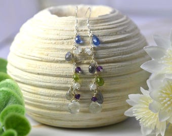 Moonstone, Amethyst, Tanzanite, Labradorite, Peridot & Quartz Sterling silver earrings