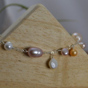 Pale peach, mauve, white, pink & Freshwater Pearl Sterling silver bracelet