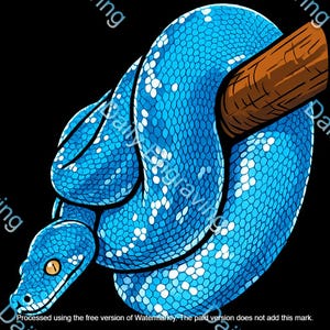 May include: A digital illustration of a blue snake with white markings, wrapped around a brown branch, set against a black backdrop. The snake's head, featuring a yellow eye, is visible. The image is a digital artwork.
