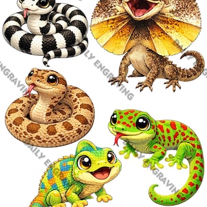 Clipart-paket med reptiler, amfibier och ryggradslösa djur, tecknade djur, ljusa färger (digital nedladdning)