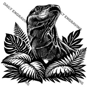 May include: Black and white illustration of a lizard's head, looking upwards, surrounded by tropical leaves. The lizard's skin is detailed with a textured pattern. The leaves are stylized with bold outlines, creating a striking contrast.