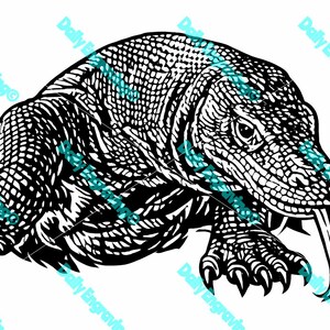 May include: A detailed black and white illustration of a Komodo dragon. The reptile is shown in profile, with its tongue extended. The dragon's scales are intricately drawn, and its claws are visible. The image has the text "Daily Engraving" in teal.