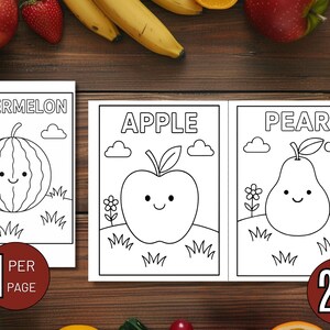 May include: Black and white coloring pages featuring a watermelon, apple, and pear with smiling faces. Each fruit is labeled with its name. The pages are surrounded by grass, clouds, and flowers. The text "1 PER PAGE" and "2 PER PAGE" are also visible.