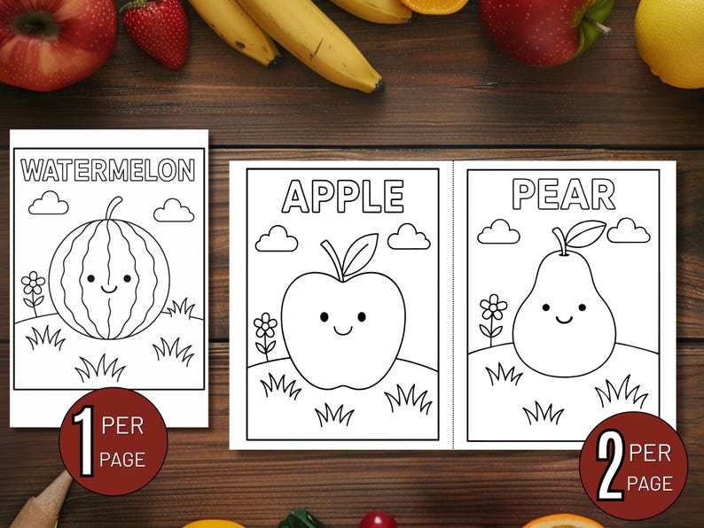 May include: Black and white coloring pages featuring a watermelon, apple, and pear with smiling faces. Each fruit is labeled with its name. The pages are surrounded by grass, clouds, and flowers. The text "1 PER PAGE" and "2 PER PAGE" are also visible.