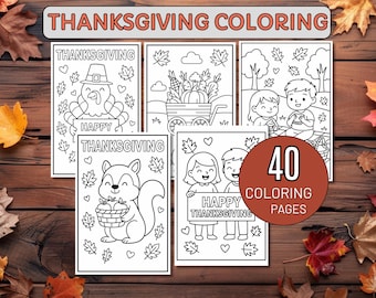 Puede incluir: Libro para colorear de Acción de Gracias con 40 páginas. La portada presenta varias ilustraciones en blanco y negro con temas de Acción de Gracias, incluyendo un pavo, una ardilla y niños. El texto "Thanksgiving Coloring" está en la parte superior.