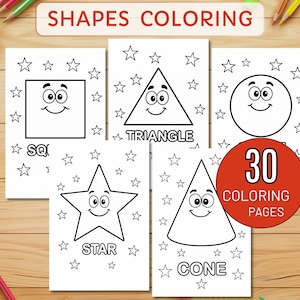 Puede incluir: Páginas para colorear con formas geométricas sonrientes: cuadrado, triángulo, círculo, estrella y cono. El texto "Shapes Coloring" está en la parte superior. Un círculo rojo indica 30 páginas para colorear, rodeadas de estrellas.