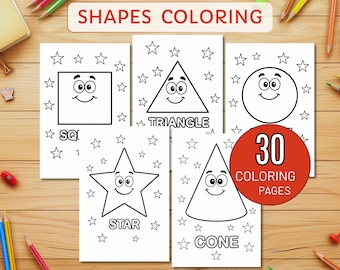 30 Shapes Coloring Pages for Kids, Printable Shape Worksheets, Preschool & Kindergarten Learning, Cute Shape Coloring Book