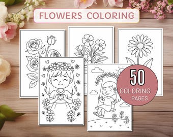 50 Flower Coloring Pages Printable, Easy Floral Botanical Coloring Book for Kids, Cute Flower Bouquet Line Art, Digital Download