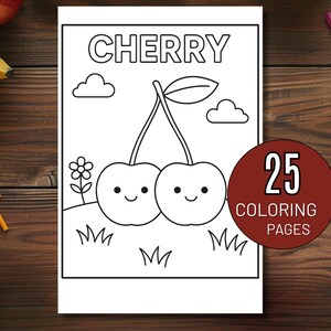 May include: A black and white coloring book page with the word "CHERRY" at the top. The image features two smiling cherries, clouds, a flower, and grass. A circular sticker reads "25 COLORING PAGES".