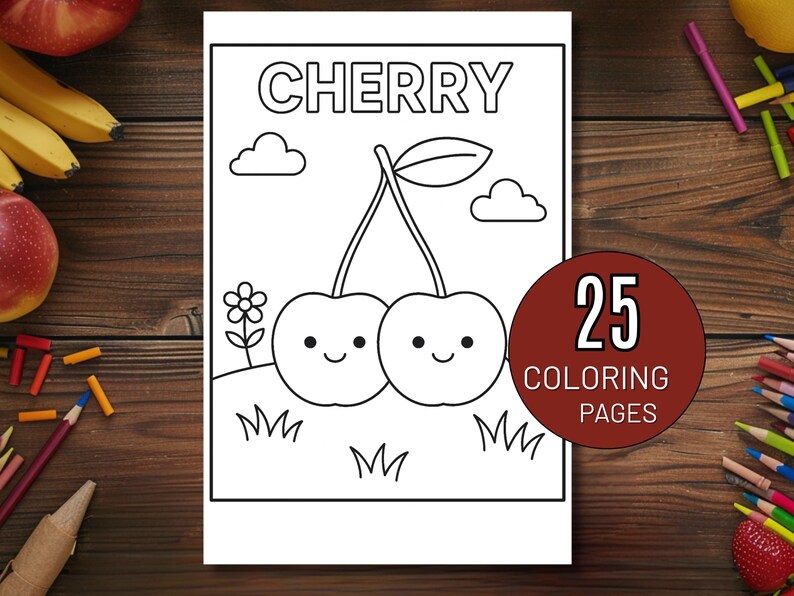 May include: A black and white coloring book page with the word "CHERRY" at the top. The image features two smiling cherries, clouds, a flower, and grass. A circular sticker reads "25 COLORING PAGES".