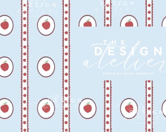 May include: A light blue pattern featuring red apples within white ovals, interspersed with vertical lines of red scalloped edges and small red dots. The text "THE DESIGN Atelier" and "OWNED BY ERIKA KENDRICK" are visible.