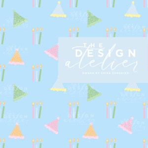 May include: A light blue background with a repeating pattern of birthday party hats and candles. The hats are in pastel colors of pink, yellow, and green. The candles are pink and green with orange flames. The text "THE DESIGN atelier" is in the center.