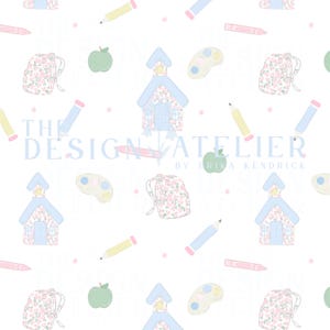 May include: A repeating pattern on a white background featuring schoolhouses with floral walls, backpacks with pink floral prints, green apples, paint palettes, and pencils in yellow, blue, and pink. The text THE DESIGN ATELIER BY ERIKA KENDRICK is visible.