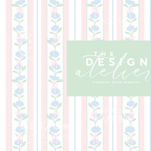 Puede incluir: Un diseño estampado con rayas verticales rosas, azules y blancas, con detalles florales y lazos. El diseño incluye el texto "THE DESIGN atelier OWNED BY ERIKA KENDRICK" sobre un fondo verde claro.