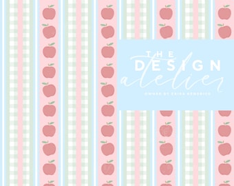 May include: A pastel pattern featuring rows of red apples and vertical stripes in light blue, pink, and white. The text "THE DESIGN atelier" is on a light blue rectangle. The design is owned by Erika Kendrick.