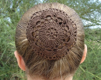 Hair Net / Bun Cover Crocheted Brown Flower Style Amish Mennonite