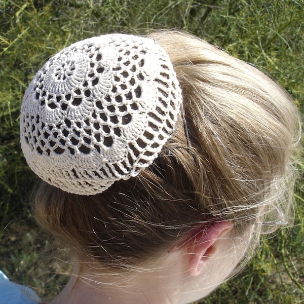 Hair Net / Bun Cover Sz Large Crocheted Flower Style Amish Mennonite Black Brown White Natural