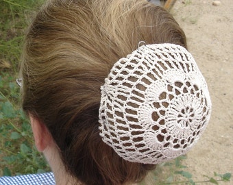 Natural Hair Net / Bun Cover Sz Medium Crocheted Flower Style Amish Mennonite