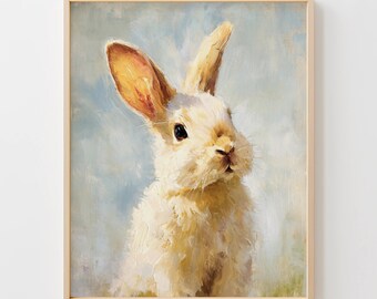 Minimalist Rabbit Wall Art - Cute Farmhouse Printable, Neutral Nursery Decor, Impasto Painting, Cream and Pale Blue Textured Digital Primo