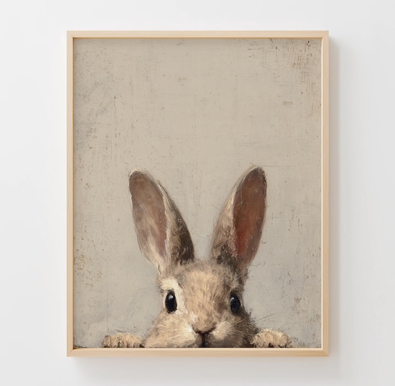 Peeking Rabbit Cottagecore Easter Printable Wall Art, Cozy Rustic Bunny Wall Decor, Muted Neutral Painting, Spring Primo Digital Download
