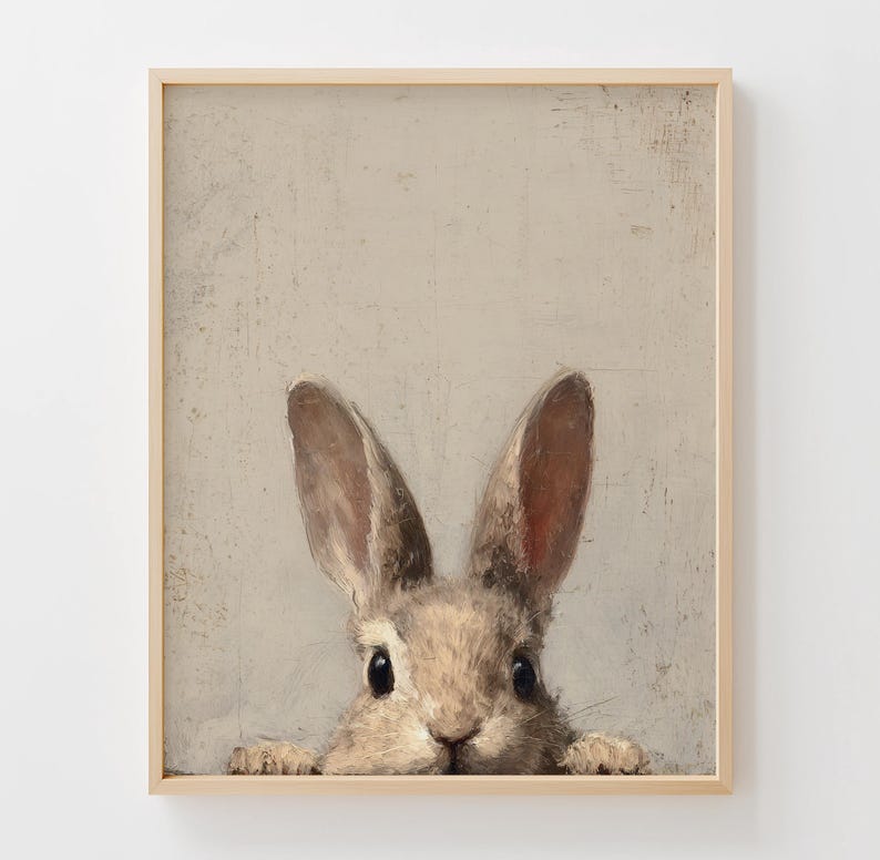 Expressive bunny digital print for playroom — vintage-style artwork featuring a cute, curious rabbit with lovely brushwork.