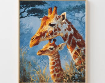 Rustic Safari Wall Art, Giraffe Mother and Calf, Heartwarming Landscape Painting, Nursery-Friendly Animal Decor, Printable Art Primo
