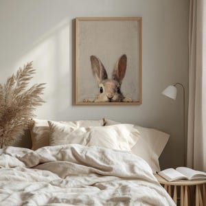 Playful bunny printable art for hallway — expressive rabbit face in a wonderfully soft, muted color palette for tranquil wall decor.
