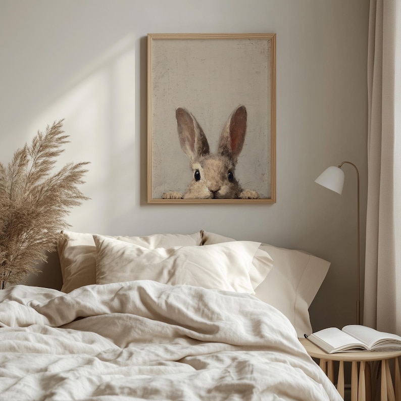 Playful bunny printable art for hallway — expressive rabbit face in a wonderfully soft, muted color palette for tranquil wall decor.