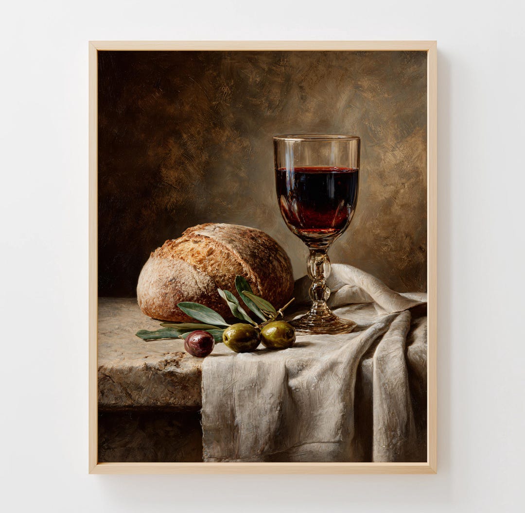 Rustic Last Supper Rustic Last Supper Still Life Painting - Bread and Wine Art, Moody ...
