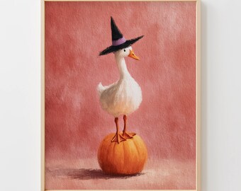Playful Goose on Pumpkin with Witch Hat - Whimsical Halloween Art, Cozy Minimalist Painting, Cute Cottagecore Wall Art, Printable Primo