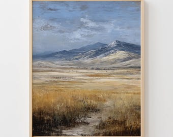Rustic Wild West Landscape Printable - Moody Prairie with Mountain Range, Vintage Textured Earthy Art, Digital Wall Decor Primo