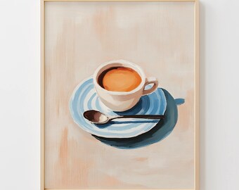 Cozy Coffee Cup Printable Art - Minimalist Farmhouse Kitchen Gouache Painting, Warm Neutral Decor, Modern Wall Art, Digital Download Primo