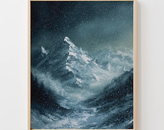 Moody Winter Mountain Landscape Print, Snowy Peaks and Dramatic Skies, Indigo and Teal Art, Textured Wintry Scene, Digital Download Primo