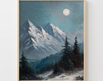 Rustic Moonlit Mountain Peaks Painting - Vintage Winter Landscape Printable Art, Mood-Invoking Snow Scene, Cozy Lodge Decor, Instant Primo