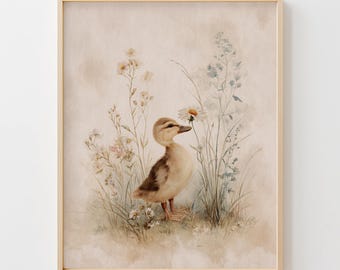 Arte de acuarela vintage de patito esponjoso - Impresión infantil de estilo cottagecore, un tierno patito con flores silvestres, decoración pastel imprimible, Primo