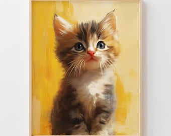 Printable Kitten Portrait Wall Art - Cozy Nursery Decor, Cute Fluffy Kitten Painting, Playful Yellow Background, Digital Download Primo