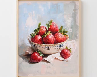 Rustic Strawberry Bowl Printable Art - Summer Cottagecore Decor, Farmhouse Kitchen, Fresh Fruits Painting, Digital Download, Primo