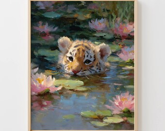 Charming Baby Tiger Cub in Pond - Cute Impressionist Wall Art, Playful Cub with Water Lilies, Serene Illustration, Printable Painting Primo