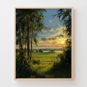 May include: A framed landscape painting depicts a serene sunset over a green field and a distant river. Tall trees frame the view, with a path leading into the scene. The sky is a mix of blue, yellow, and orange hues, suggesting dusk.