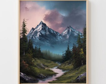Moody Mountain Landscape with Stream - Majestic Snow-Capped Peaks Art, Painterly Rustic Scene, Evergreen Valley, Printable Download, Primo