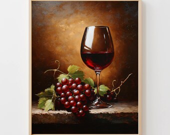 Classic Still Life with Glass of Red Wine & Grapes - Moody Vintage Art, Timeless Elegance, Printable Wall Art, Digital Download Primo