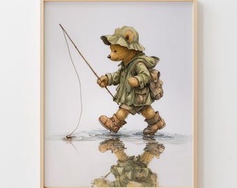 Teddy Bear Fisherman Wall Art Printable - Teddy Bear Print Decor For Baby Boy Room, Children's Storybook Watercolor Illustration, Primo