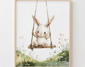 Watercolor Baby Bunny on Swing - Adorable Nursery Wall Art, Pastel Cottagecore Decor, Playful Bunny Print, Printable Digital Download Primo